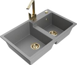 Mexen Tomas, gránit mosogató 800x500x190 mm, 2 kamrás és arany csaptelep Rita, szürke, 6516-71-670300-50 (6516-71-670300-50)