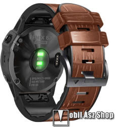  Okosóra szíj - BARNA - PU bőr külső / szilikon belső - Krokodilbőr minta, 132mm + 90mm hosszú, 22mm QUICKFIT csatlakozó - Garmin Fenix 7 / 6 / 6 Pro / 6 Sapphire / Instinct / 5 / 5 Plus / 5 Plus Sapph