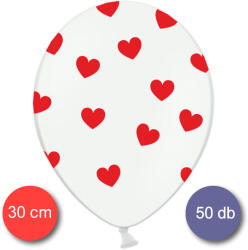 PartyDeco Fehér lufi, nagy csomag, piros szívekkel díszítve, 30cm, 50 db/cs
