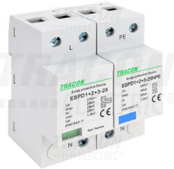 Tracon T1+T2+T3 AC típusú túlfeszültség levezető, egybeépített 1+1P 25kA 275V (ESPD1-2-3-25-1-1P)