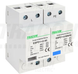 Tracon T1+T2 AC típusú túlfeszültség levezető, egybeépített 1+1P 50kA 385V (ESPD1-2-50-1-1P)