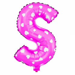  Betű lufi 14" 35cm Rózsaszín fólia betű Fehér szív mintával, S betű, csak levegővel tölthető (LUFI524285)