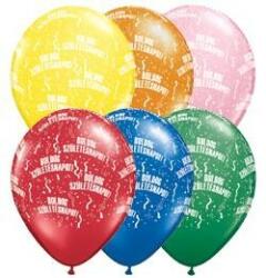 Qualatex Szülinapi latex lufi 11" 28cm 6db Boldog születésnapot! , standard színek, 48008strp (LUFI828804)
