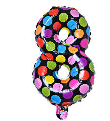  Számos lufi 14" (35cm) fólia szám, számjegy 8-as, csak levegővel tölthető, Fekete alapon-színes pöttyös (LUFI263023)