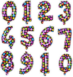  Számos lufi 14" (35cm) fólia szám, számjegy 7-es, csak levegővel tölthető, Fekete alapon-színes pöttyös (LUFI924710)