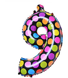  Számos lufi 14" (35cm) fólia szám, számjegy 9-es, levegővel tölthető, fekete alapon-színes pöttyös (LUFI786516)