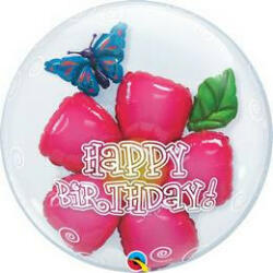 Qualatex Double Bubble, lufiban lufi 24" 61cm Happy Birthday, átlátszó, virág belsővel (LUFI928065)