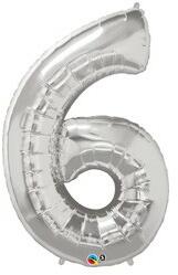 Partydeco Számos lufi 34" 86cm óriás Ezüst szám, számjegy 6-os (LUFI901056)