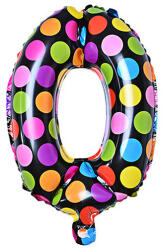  Számos lufi 14" (35cm) fólia szám, számjegy 0 csak levegővel tölthető, Fekete alapon-színes pöttyös (LUFI372157)