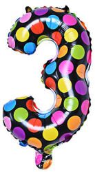  Számos lufi 14" (35cm) fólia szám, számjegy 3-as, csak levegővel tölthető, Fekete alapon-színes pöttyös (LUFI428950)