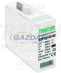 TRACON ESPD2-DC40-600VG T2 DC típusú VG túlfeszültség levezető betét 600V Ucpv: 800V; In: 20kA; Imax: 40kA; Up: 2, 6kV; Var+GTD (ESPD2-DC40-600VG) - villamossag
