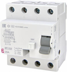 ETI 002062632 EFI-4 A eV 25/0, 03 típusú áram védőkapcsoló, 4p, váltóáramú, pulzáló és DC (002062632)