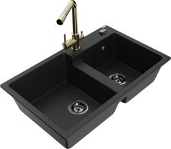 Mexen Tomas, gránit mosogató 800x500x190 mm, 2 kamrás és Duero arany csaptelep, fekete, 6516-77-671600-50-B (6516-77-671600-50-B)