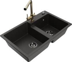 Mexen Tomas, gránit mosogató 800x500x190 mm, 2 kamrás és arany Duero csaptelep, fekete - arany metál, 6516-75-671600-50-B (6516-75-671600-50-B)