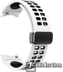 Okosóra D-gyűrűs szíj - FEHÉR / FEKETE - légáteresztő, szilikon, speciális csatos - 130+90mm hosszú, 20mm széles - SAMSUNG Galaxy Watch4 Classic 46mm / 42mm / Watch4 44mm / 40mm / Watch5 44mm / 40mm /