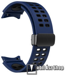 Okosóra D-gyűrűs szíj - SÖTÉTKÉK / FEKETE - légáteresztő, szilikon, speciális csatos - 130+90mm hosszú, 20mm széles - SAMSUNG Galaxy Watch4 Classic 46mm / 42mm / Watch4 44mm / 40mm / Watch5 44mm / 40m