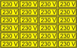  230V" öntapadó felirat, sárga, 100x60mm