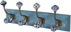 Clayre & Eef Cuier perete din lemn albastru 4 agatatori ceramica 45 cm x 10 cm x 18 cm (6H1848) Agatator cuier