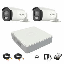 Hikvision Sistem 2 camere Hikvision ColorVU 5MP 2.8mm lumina alba 40m, DVR 4 canale, accesorii, hard disk 1TB (35971-) - antivandal