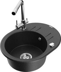 Mexen Kevin, gránit mosogató 586x458x190 mm, 1 kamrás és króm Duero csaptelep, fekete - ezüst metál, 6517-73-671600-00 (6517-73-671600-00)