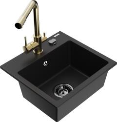 Mexen Milo, gránit mosogató 435x410x171 mm, 1 kamrás és arany Duero csaptelep, fekete, 6505-77-671600-50-B (6505-77-671600-50-B)