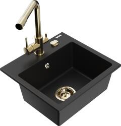 Mexen Milo, gránit mosogató 435x410x171 mm, 1 kamrás és arany Duero csaptelep, fekete, 6505-77-671600-50 (6505-77-671600-50)