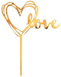 Akril tortadekoráció - Arany szív LOVE felirattal