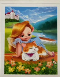  Festés számok után - Kislány cicusával a réten 20x30 cm (47-284)