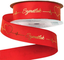 Szeretlek" arany feliratos, szívecskés ripsz szalag 25mm x 20m - Piros (PM25-10)