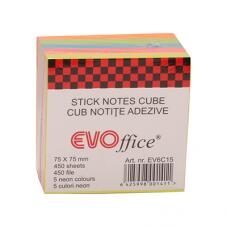 EVOffice Notite autoadezive cub color 75x75mm, 5 culori neon, 450file