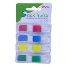 EVOffice Stick index plastic cu dispencer pop-up 44x12mm, 4 culori neon semi-transparente x 35 file