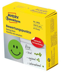 Avery Etikett AVERY 3858 öntapadó jelölőpont adagoló dobozban mosolygós arc mintás zöld 19mm 250 jelölőpont/doboz (3858)