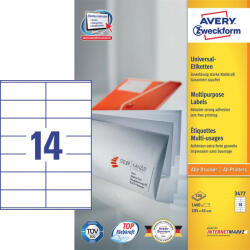 Avery Etikett AVERY 3477 105x41 mm fehér univerzális 1400 címke/doboz 100 ív/doboz (3477)