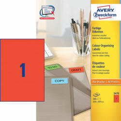 Avery Etikett AVERY 3470 210x297 mm piros univerzális 100 címke/doboz 100 ív/doboz (3470)