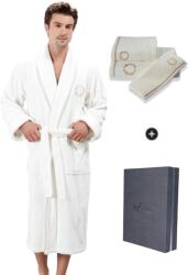 Soft Cotton SEHZADE férfi fürdőköpeny ajándékdobozban + törölköző+ papucs XXL + papucs (42/44) + törölköző + box Vaj szín - arany hímzés / Gold embroidery