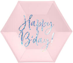 PartyDeco Papír tányér hatszögletű Happy B'day csillámló feliratú púder rózsaszín 20 cm, 6 db/csomag