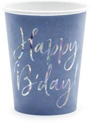 PartyDeco Papír pohár Happy B'day csillámos feliratú kék 2, 2 dl, 6 db/csomag