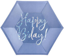 PartyDeco Papír tányér Hatszögletű Happy B'day csillámló feliratú kék 20 cm, 6 db/csomag
