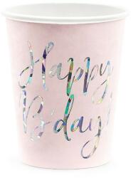 PartyDeco Papír pohár Happy B'day csillámos feliratú púder rózsaszín 2, 2 dl, 6 db/csomag
