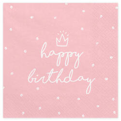 PartyDeco Szalvéta Happy Birthday rózsaszín 33 cm X 33 cm, 20 db/csomag