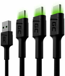Green Cell Green Cell Kábel Szett 3x GC Ray USB-C 200 cm-es USB Adat és töltőkábel zöld LED világítás Ultra Charge gyors töltés QC 3.0 támogatás (GC-35859) - kulsoaksi