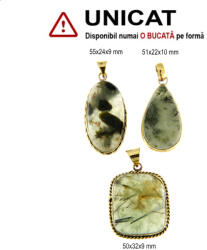 Pandantiv Prehnit cu Epidot Natural cu Alama Aurita - Picatura - Oval - Dreptunghi - 50-55 x 22-32 x 9-10 mm - 1 Buc
