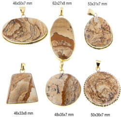 Pandantiv Jasp Desert Natural cu Alama Aurita - Oval - Disc - Neregulat - 46-62 x 27-50 x 7-8 mm - 1 Buc