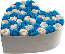 Colorissima Trandafiri Bleu si Albi in Cutie in Forma de Inima, 30cm - Colorissima