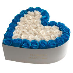Colorissima Trandafiri Cu Margine Bleu si Alb in Interior in Cutie in Forma de Inima, 30cm