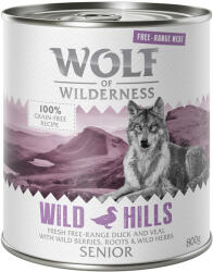 Wolf of Wilderness 24x800g Wolf of Wilderness "Free-Range Meat" Senior Wild Hills szabad tartásút kacsa & borjú nedves kutyatáp