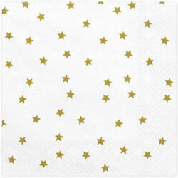 PartyDeco Szalvéta, fehér, arany csillagos, 33x33cm, 20 darab/csomag