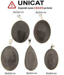  Pandantiv Obsidian Argintiu Natural cu Metal Alpaca - Picatura - Oval - 50-58 x 23-33 x 4-6 mm - 1 Buc