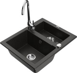 Mexen Carlos, gránit mosogató 582x475x177 mm, 1, 5 kamrás és Telma króm mosogató csaptelep, fekete - arany metál, 6518-75-670200-00 (6518-75-670200-00)