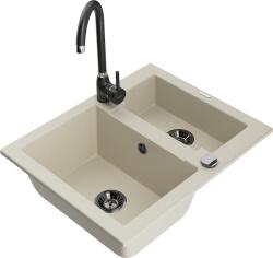 Mexen Carlos, gránit mosogató 582x475x177 mm, 1, 5 kamrás és Telma fekete mosogató csaptelep, bézs, 6518-69-670200-70 (6518-69-670200-70)